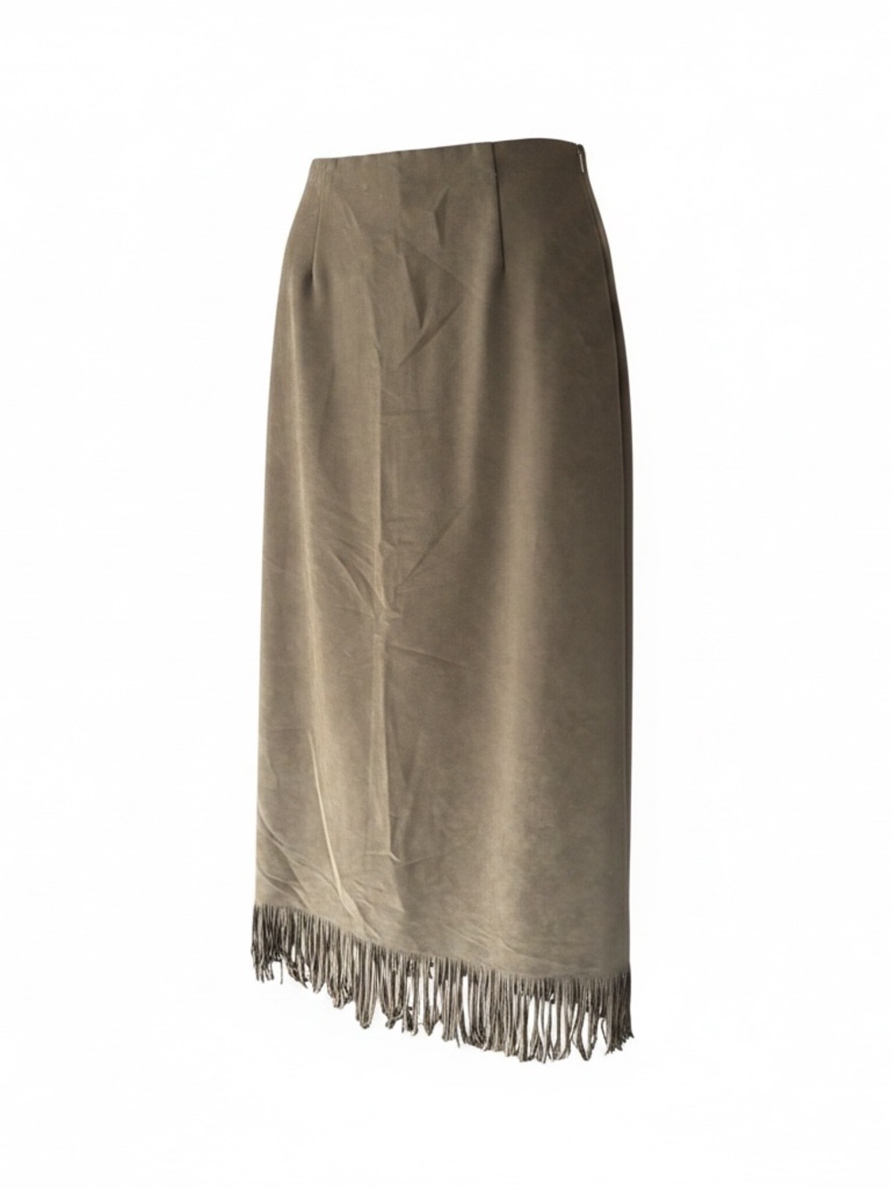 Vintage Clio Brown Faux Suede Midi Skirt with Fringe Size Large